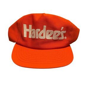 Vintage Hardees Racing Orange Snapback Trucker Hat Puff Print 1980s Made in USA